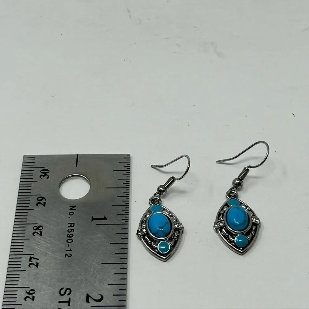 Southwestern Faux Turquoise Diamond Shape Silver Tone Dangle Earrings